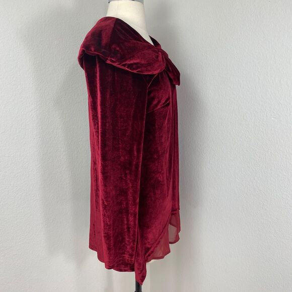Ruby Red Velvet Tunic Blouse Small Long Sleeves Bertha Cowl Collar Goth Boho - Picture 10 of 11